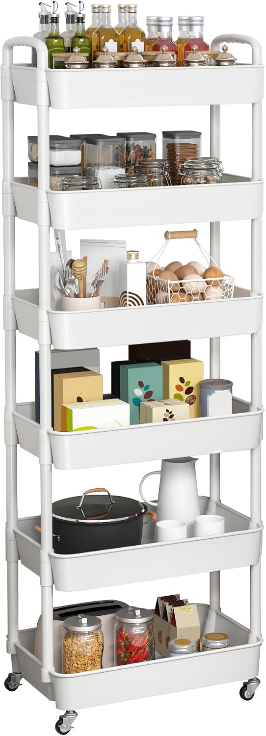Sywhitta 3-Tier Plastic Rolling Storage Cart – White, Movable Organizer with Wheels for Kitchen, Bathroom, Living Room, Office