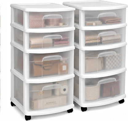 4-Tier Rolling Drawer Tower, 2-Pack – Clear Plastic Drawers, Black Frame
