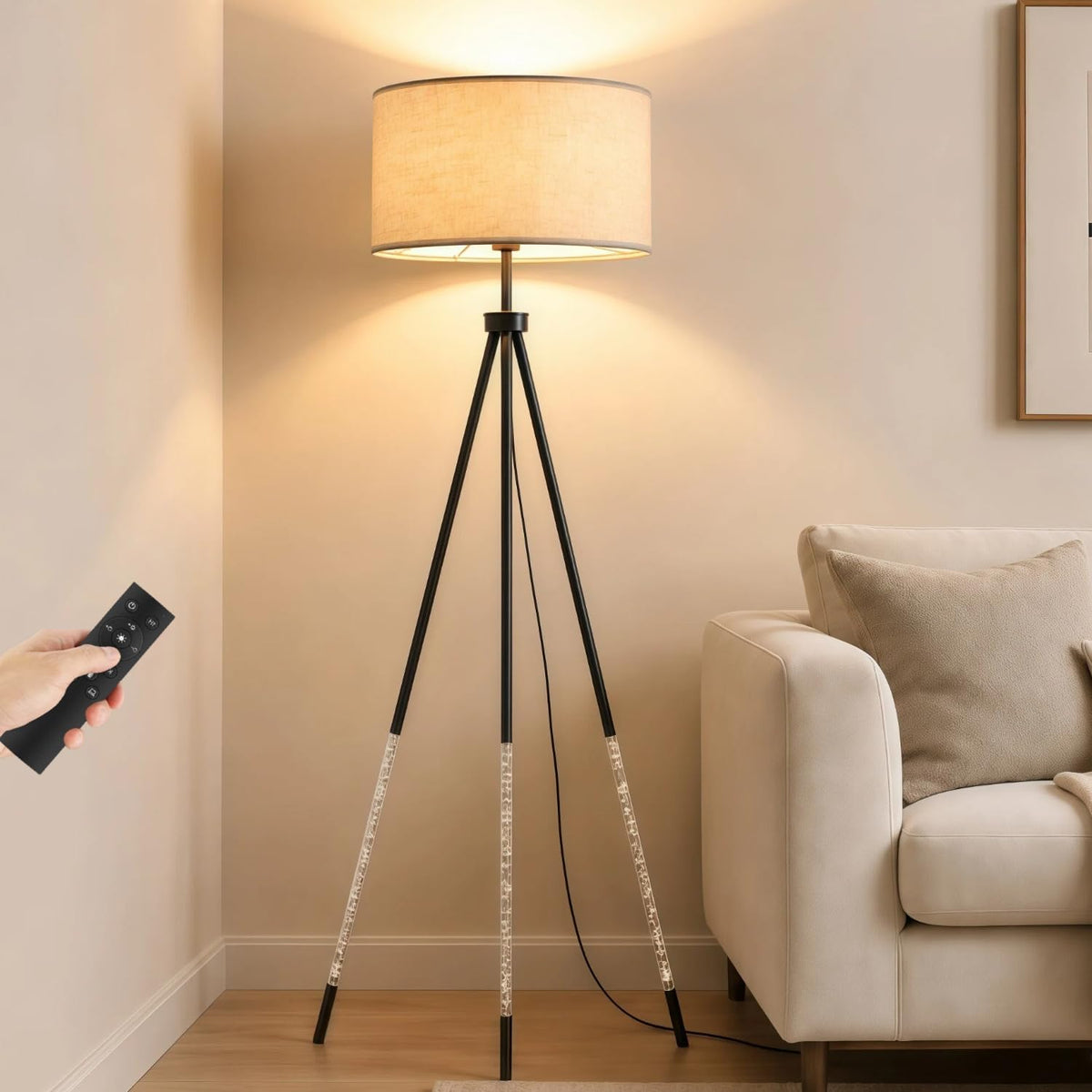 Modern Floor Lamp with Remote, Dimmable with Timer, Linen Shade