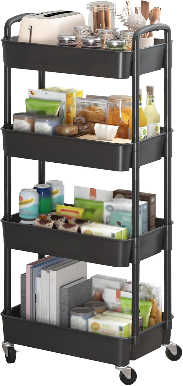 Sywhitta 3-Tier Plastic Rolling Storage Cart – White, Movable Organizer with Wheels for Kitchen, Bathroom, Living Room, Office
