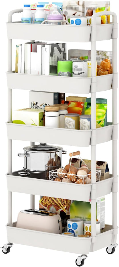 Sywhitta 3-Tier Plastic Rolling Storage Cart – White, Movable Organizer with Wheels for Kitchen, Bathroom, Living Room, Office