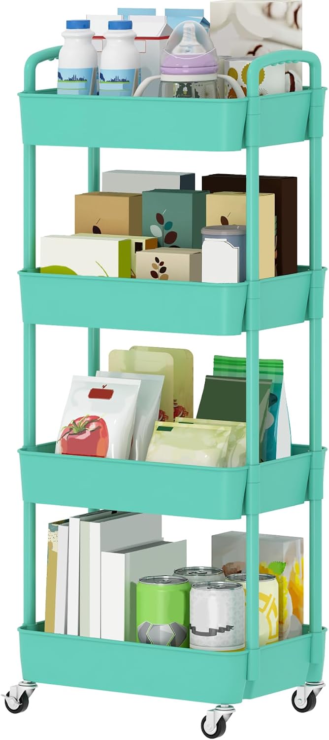 Sywhitta 3-Tier Plastic Rolling Storage Cart – White, Movable Organizer with Wheels for Kitchen, Bathroom, Living Room, Office