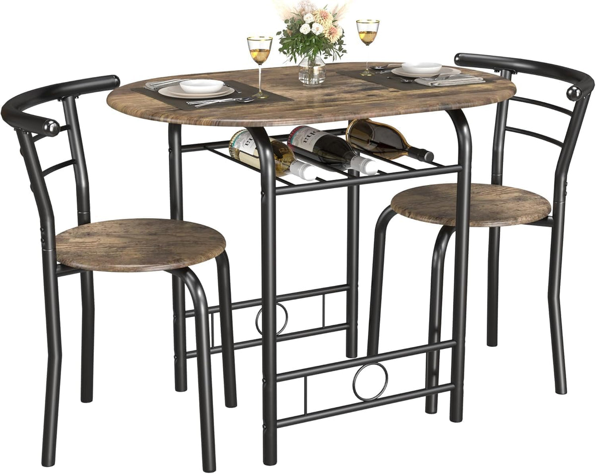 3-Piece Round Table & Chair Set for Kitchen & Dining Room – Wood Grain Top, Metal Frame, Wine Rack (Walnut/Black)