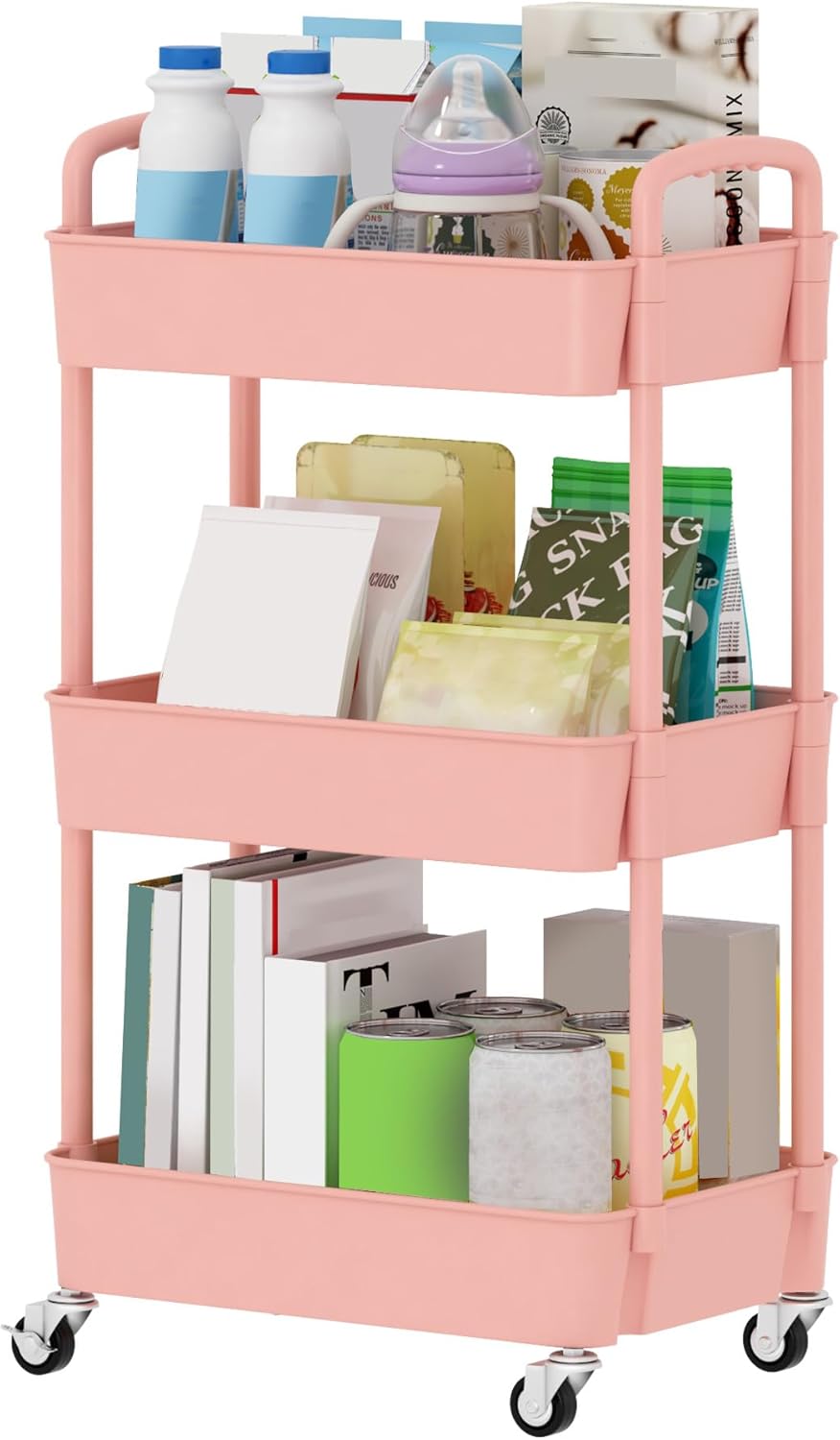 Sywhitta 3-Tier Plastic Rolling Storage Cart – White, Movable Organizer with Wheels for Kitchen, Bathroom, Living Room, Office