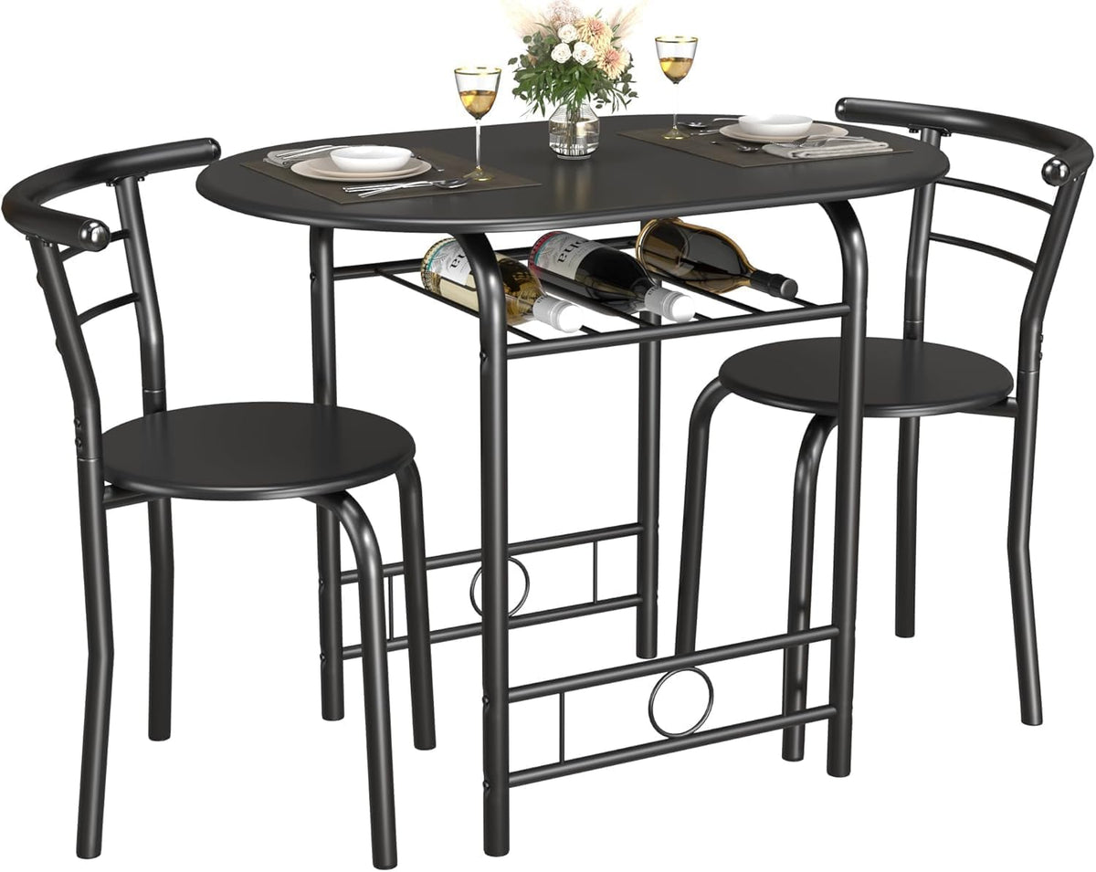 3-Piece Round Table & Chair Set for Kitchen & Dining Room – Wood Grain Top, Metal Frame, Wine Rack (Walnut/Black)