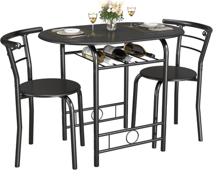 3-Piece Round Table & Chair Set for Kitchen & Dining Room – Wood Grain Top, Metal Frame, Wine Rack (Walnut/Black)