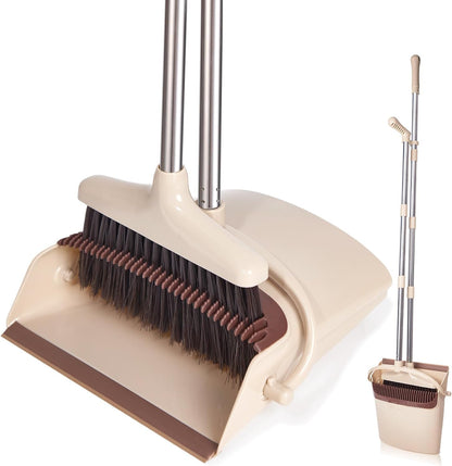 Broom & Dustpan Set, Stainless Steel, Long Handle, Home & Office (Brown/Beige)