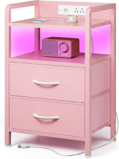 Nightstand with LED & Charging Station – 2 USB-A Ports, AC Outlet, 2 Fabric Drawers, Black