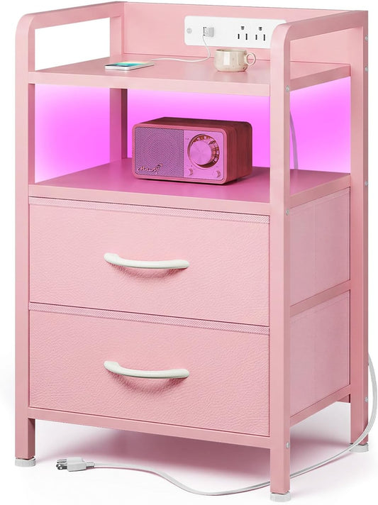Nightstand with LED & Charging Station – 2 USB-A Ports, AC Outlet, 2 Fabric Drawers, Black