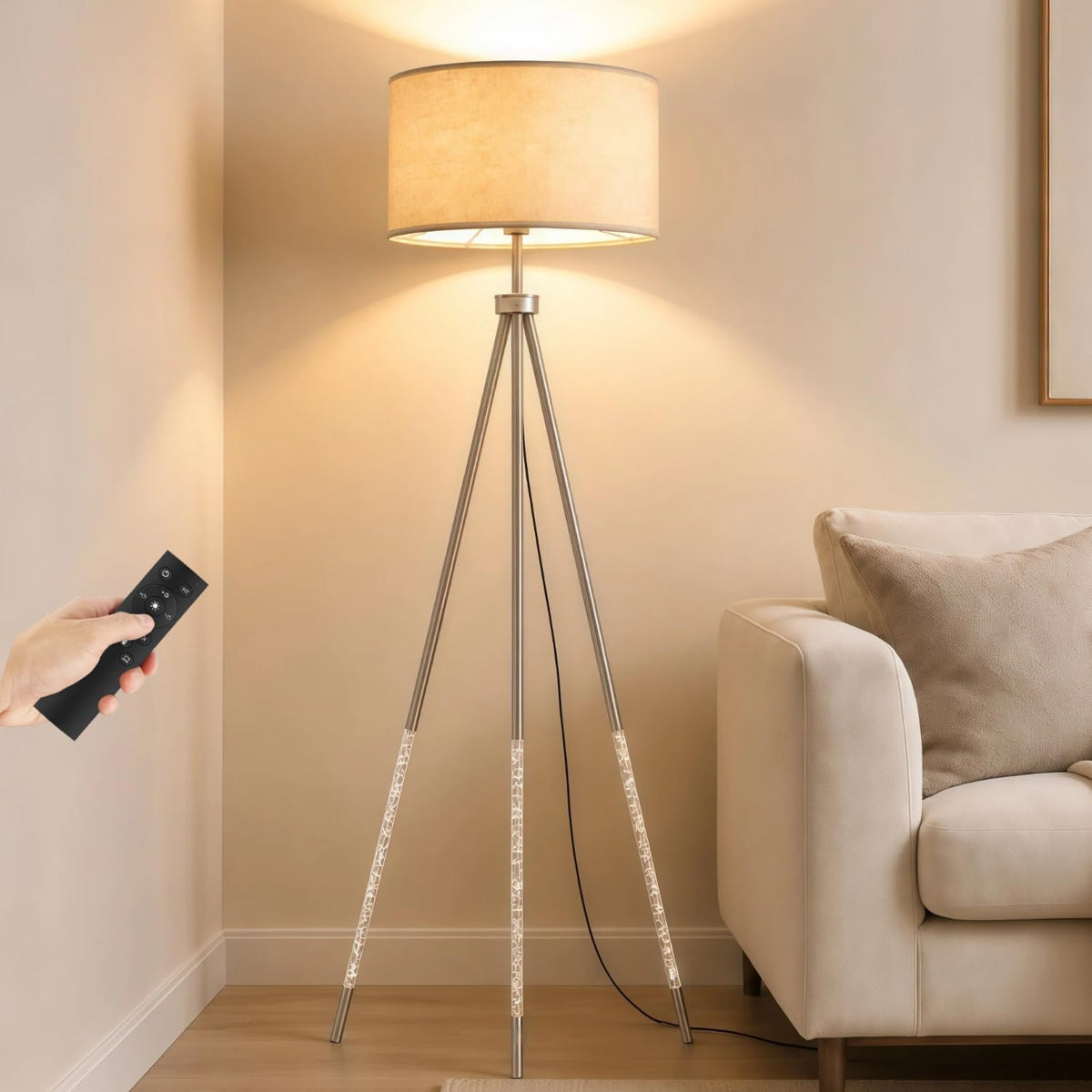 Modern Floor Lamp with Remote, Dimmable with Timer, Linen Shade
