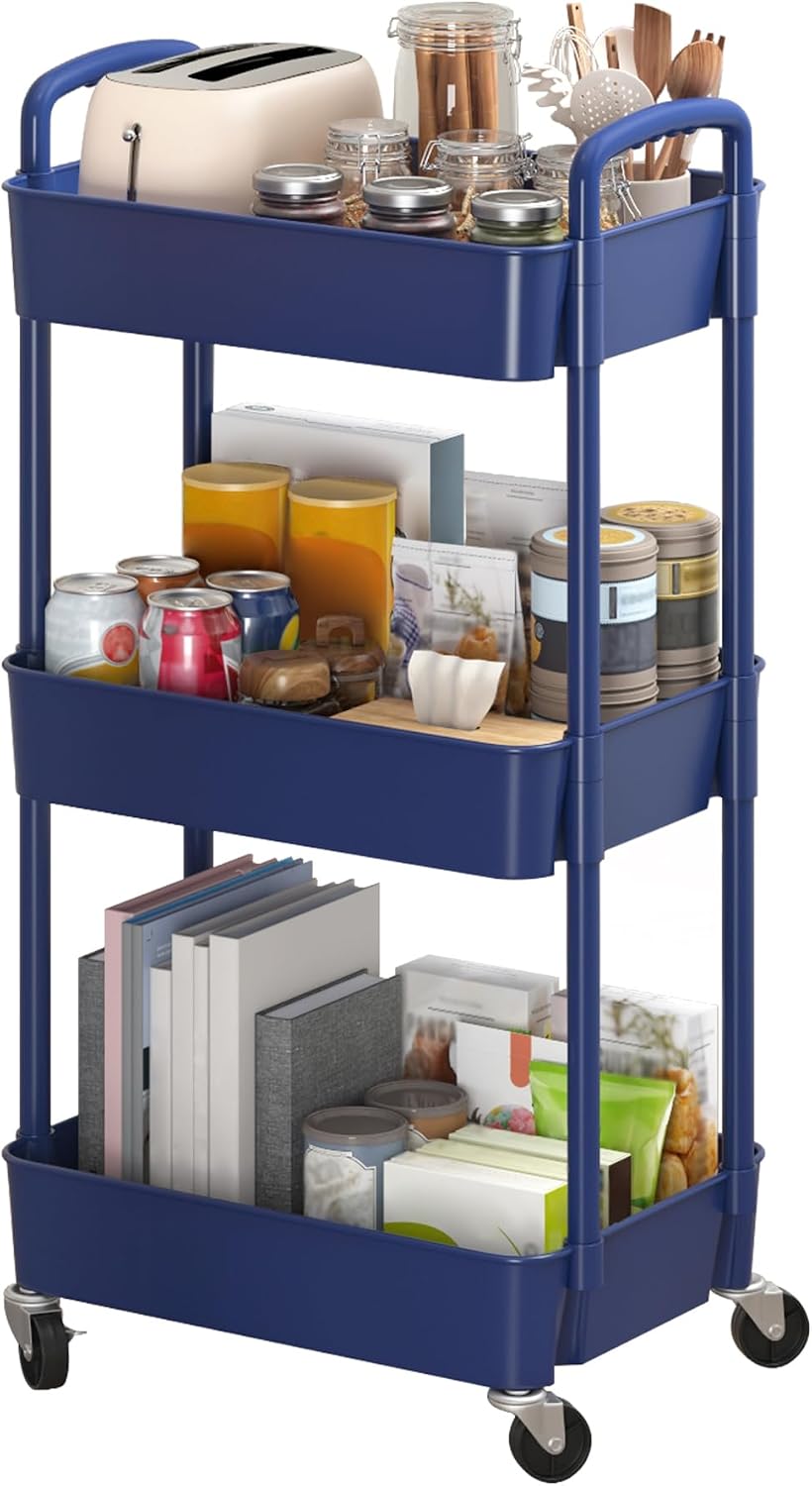 Sywhitta 3-Tier Plastic Rolling Storage Cart – White, Movable Organizer with Wheels for Kitchen, Bathroom, Living Room, Office