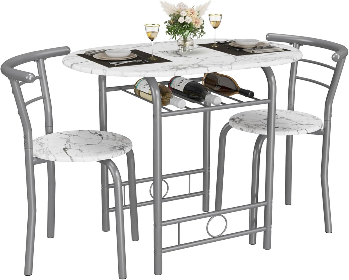 3-Piece Round Table & Chair Set for Kitchen & Dining Room – Wood Grain Top, Metal Frame, Wine Rack (Walnut/Black)