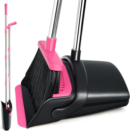 Broom & Dustpan Set, Stainless Steel, Long Handle, Home & Office (Brown/Beige)