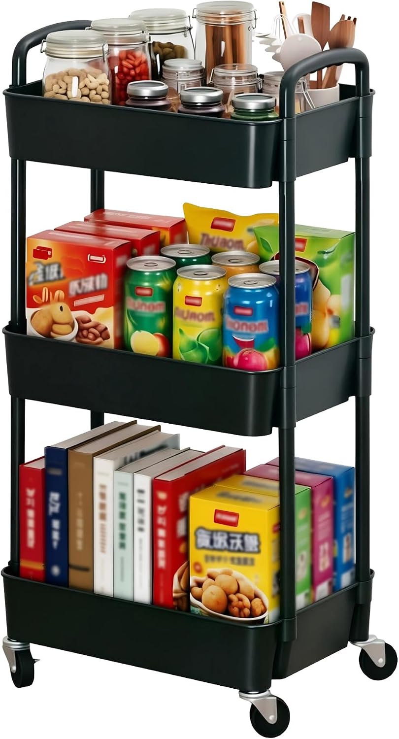 Sywhitta 3-Tier Plastic Rolling Storage Cart – White, Movable Organizer with Wheels for Kitchen, Bathroom, Living Room, Office