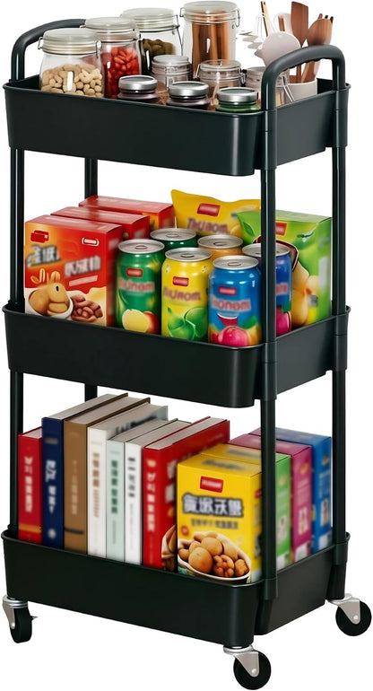 Sywhitta 3-Tier Plastic Rolling Storage Cart – White, Movable Organizer with Wheels for Kitchen, Bathroom, Living Room, Office