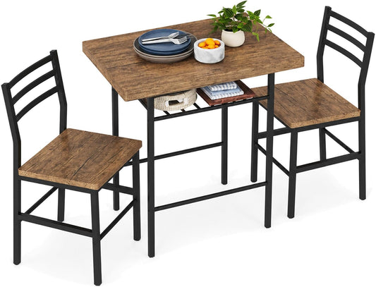 3-Piece Round Table & Chair Set for Kitchen & Dining Room – Wood Grain Top, Metal Frame, Wine Rack (Walnut/Black)