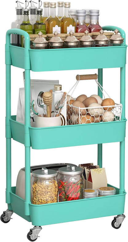 Sywhitta 3-Tier Plastic Rolling Storage Cart – White, Movable Organizer with Wheels for Kitchen, Bathroom, Living Room, Office