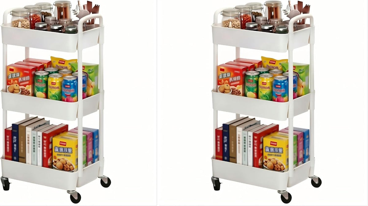 Sywhitta 3-Tier Plastic Rolling Storage Cart – White, Movable Organizer with Wheels for Kitchen, Bathroom, Living Room, Office