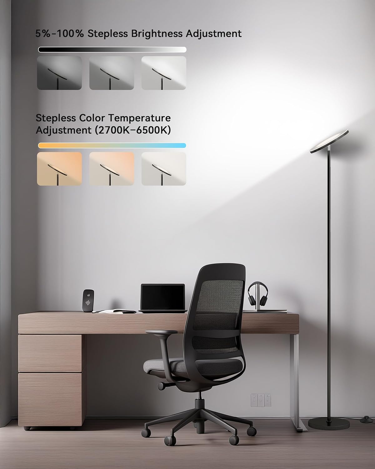 LED Torchiere Floor Lamp w/Remote – 30W/3000LM, Stepless Dimming, 3 Color Temps, Timer
