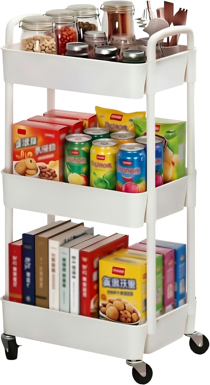 Sywhitta 3-Tier Plastic Rolling Storage Cart – White, Movable Organizer with Wheels for Kitchen, Bathroom, Living Room, Office