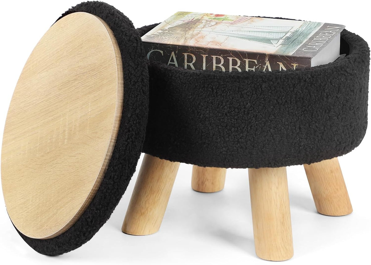 Round Ottoman Foot Stool with Storage – Soft Sponge, Wood Legs for Living Room, Bedroom, Entryway (Cream)