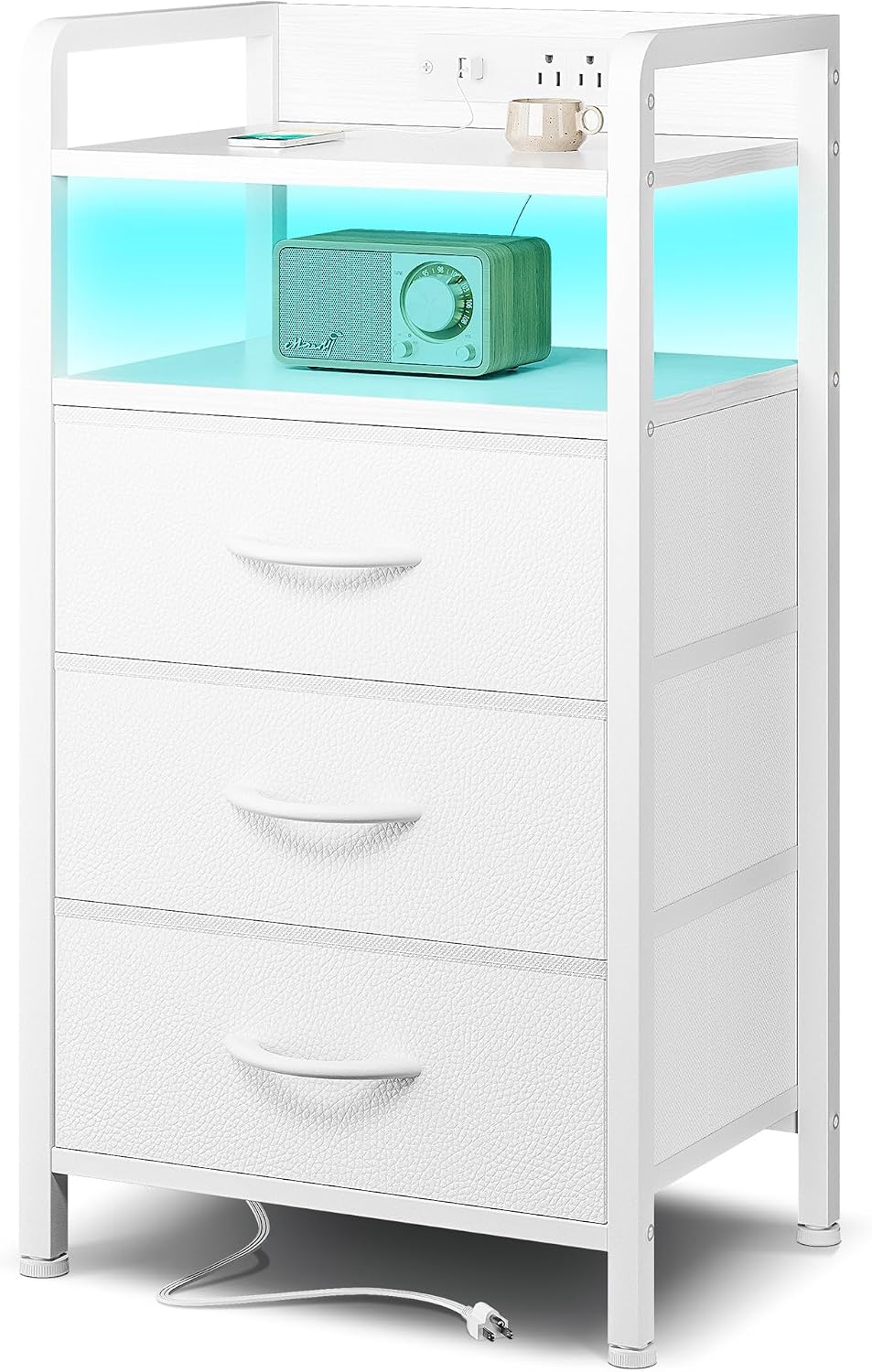 Nightstand with LED & Charging Station – 2 USB-A Ports, AC Outlet, 2 Fabric Drawers, Black