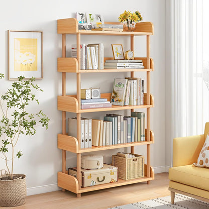 5-Tier Wooden Bookcase in Oak – Solid Wood Frame, Top Edge Design for Home & Office