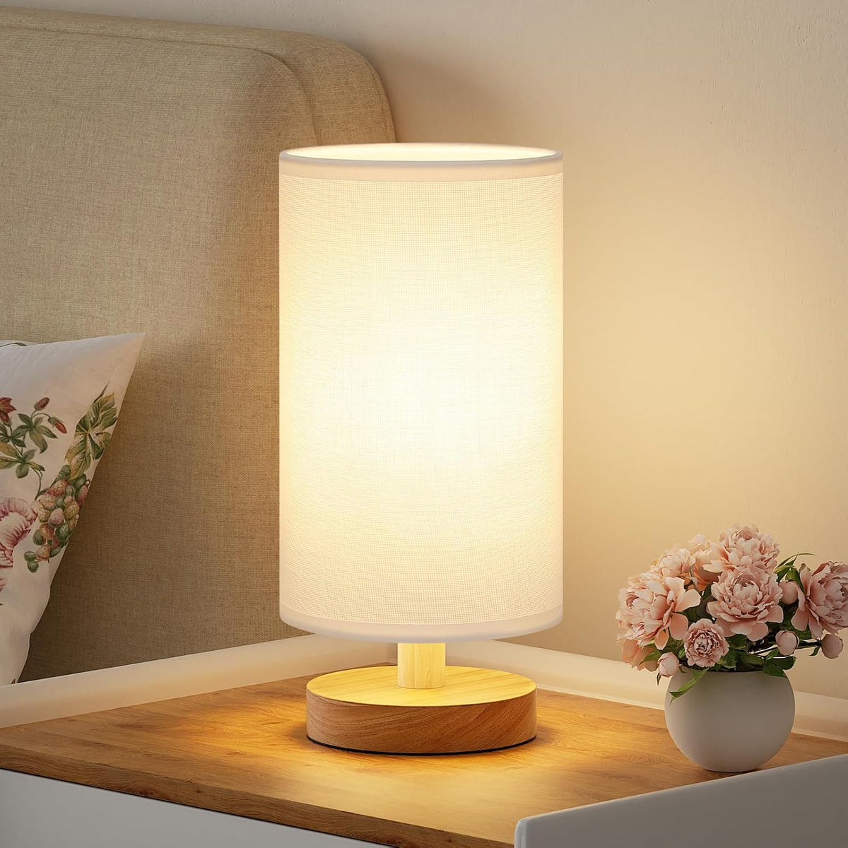 9" Small Table Lamp for Bedroom & Kids Room – Cream Shade, Wood Base, 3000K Bulb, Minimalist Design