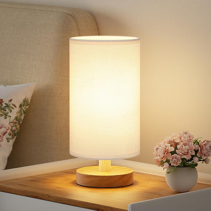 9" Small Table Lamp for Bedroom & Kids Room – Cream Shade, Wood Base, 3000K Bulb, Minimalist Design