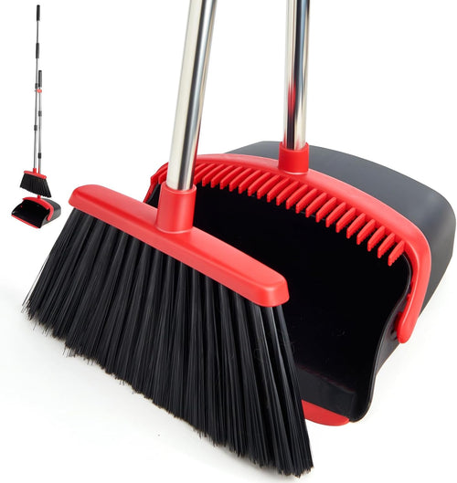 Broom & Dustpan Set, Stainless Steel, Long Handle, Home & Office (Brown/Beige)