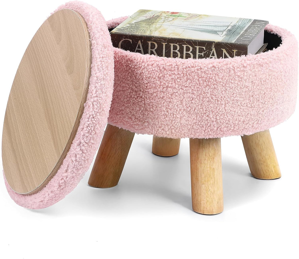 Round Ottoman Foot Stool with Storage – Soft Sponge, Wood Legs for Living Room, Bedroom, Entryway (Cream)