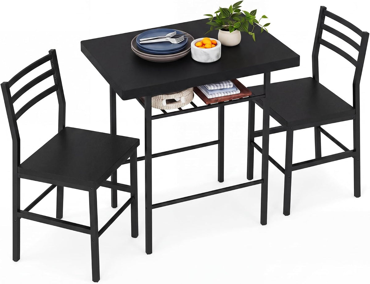 3-Piece Round Table & Chair Set for Kitchen & Dining Room – Wood Grain Top, Metal Frame, Wine Rack (Walnut/Black)