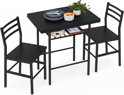 3-Piece Round Table & Chair Set for Kitchen & Dining Room – Wood Grain Top, Metal Frame, Wine Rack (Walnut/Black)
