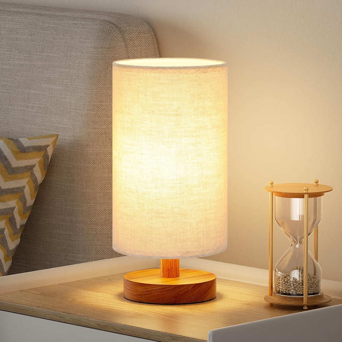 9" Small Table Lamp for Bedroom & Kids Room – Cream Shade, Wood Base, 3000K Bulb, Minimalist Design