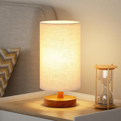 9" Small Table Lamp for Bedroom & Kids Room – Cream Shade, Wood Base, 3000K Bulb, Minimalist Design