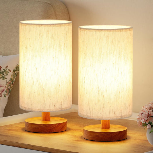 9" Small Table Lamp for Bedroom & Kids Room – Cream Shade, Wood Base, 3000K Bulb, Minimalist Design