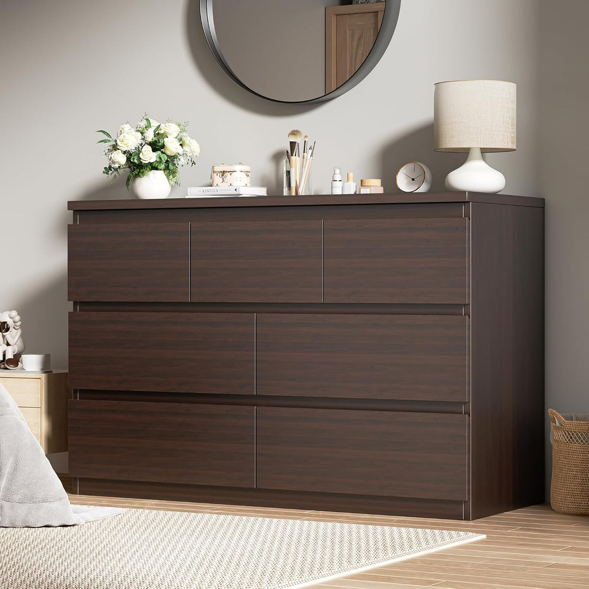 Modern White 7-Drawer Dresser – Wood Storage Chest with Deep Drawers for Bedroom, Living Room, Hallway, Entryway