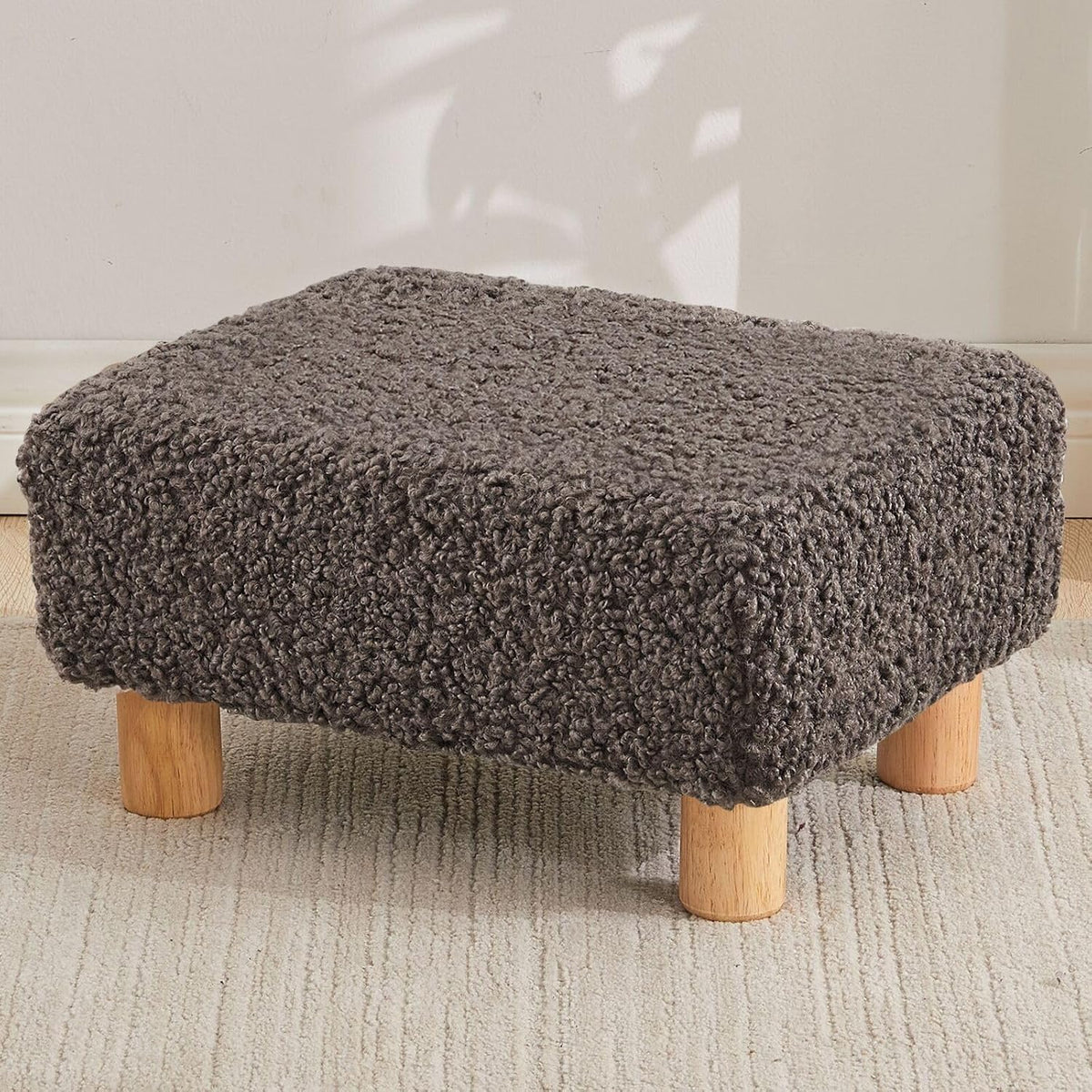 Small Rectangle Sherpa Foot Stool – Ottoman Foot Rest for Couch, Living Room & Bedroom (White)