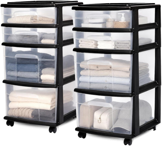 4-Tier Rolling Drawer Tower, 2-Pack – Clear Plastic Drawers, Black Frame