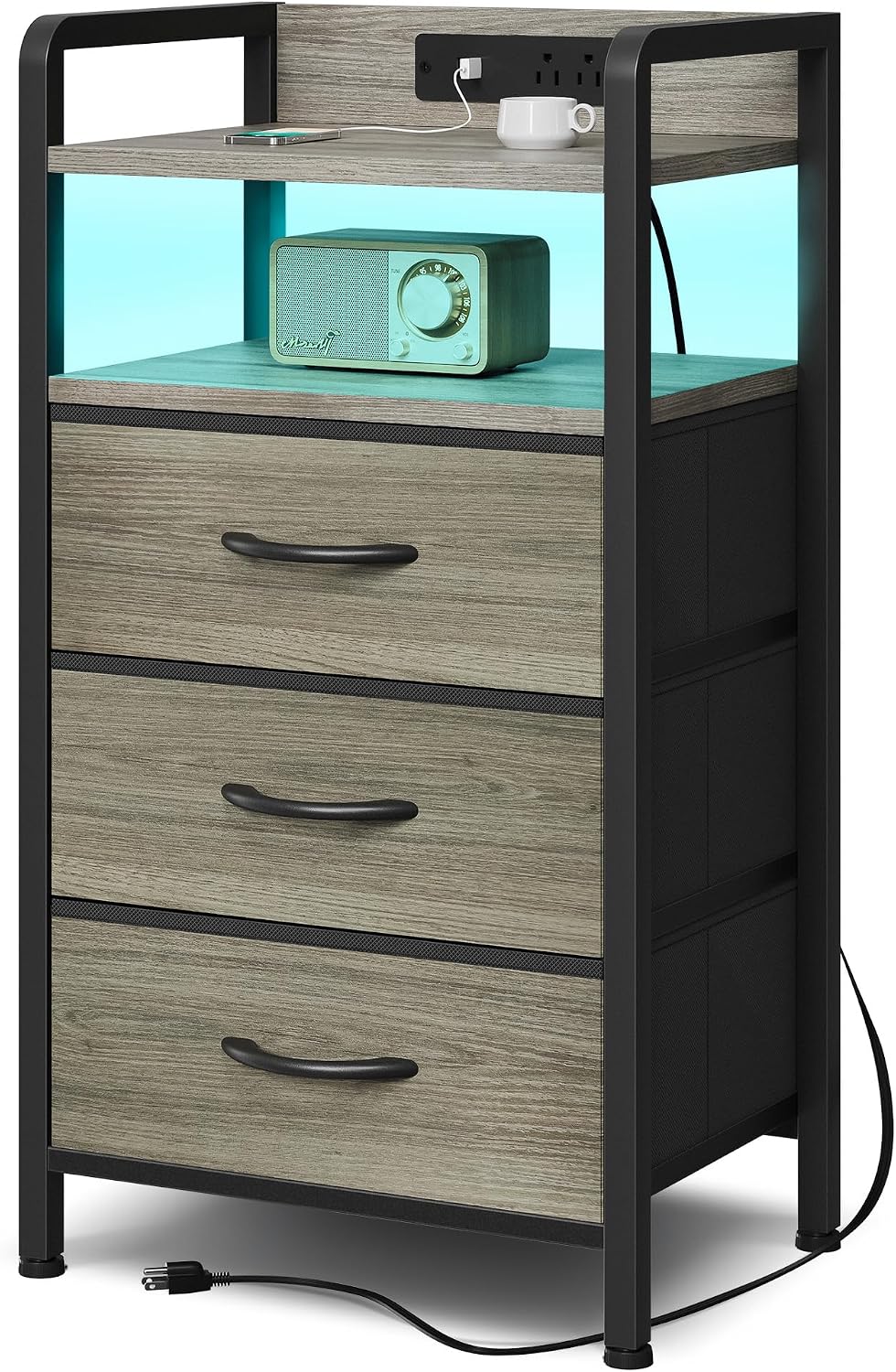 Nightstand with LED & Charging Station – 2 USB-A Ports, AC Outlet, 2 Fabric Drawers, Black