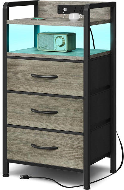 Nightstand with LED & Charging Station – 2 USB-A Ports, AC Outlet, 2 Fabric Drawers, Black