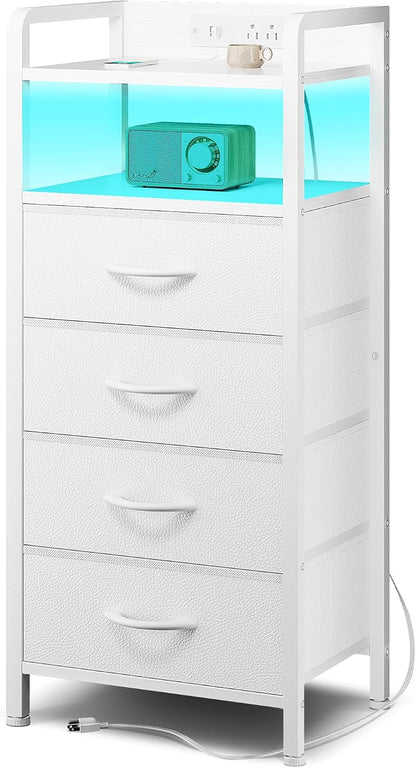 Nightstand with LED & Charging Station – 2 USB-A Ports, AC Outlet, 2 Fabric Drawers, Black