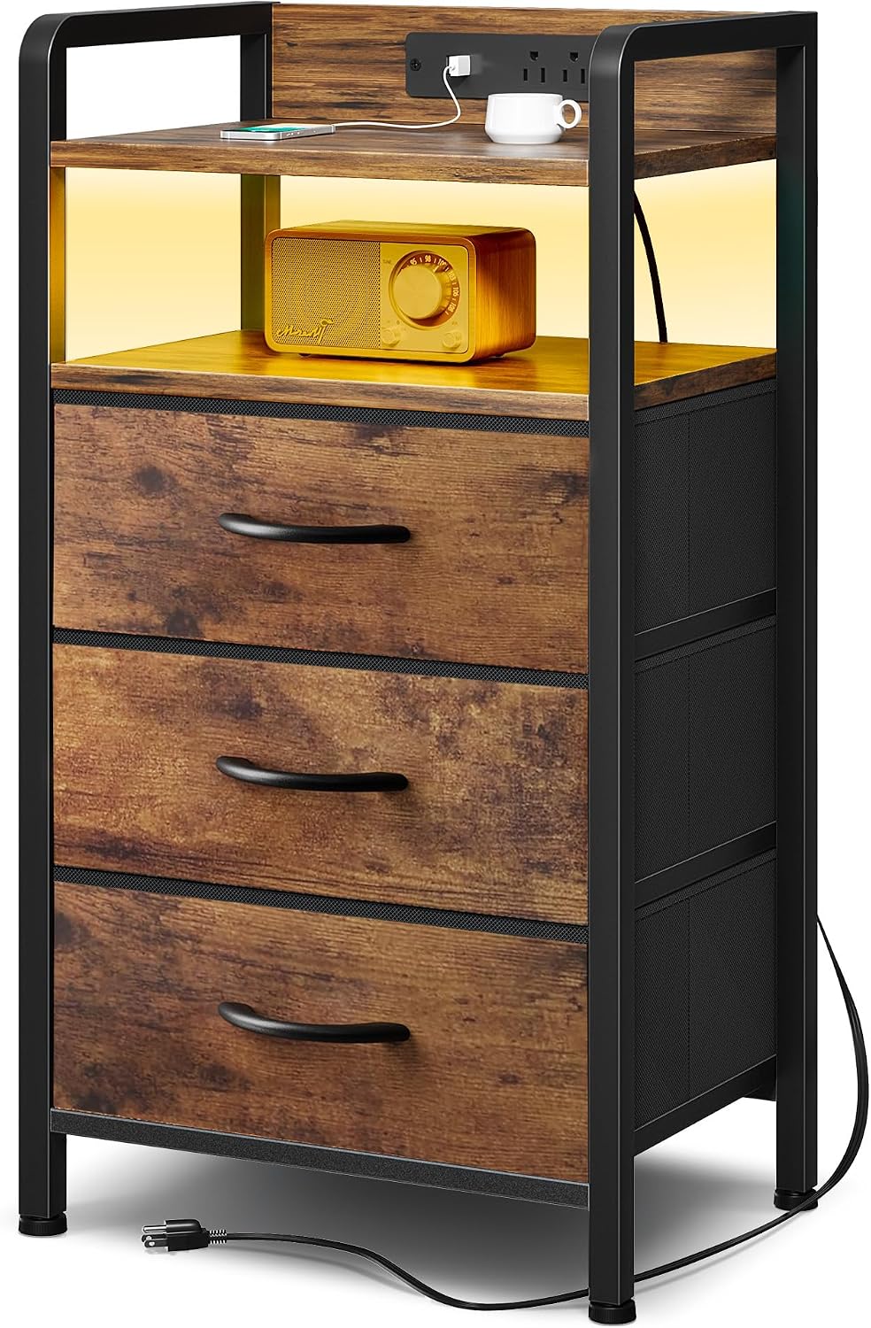 Nightstand with LED & Charging Station – 2 USB-A Ports, AC Outlet, 2 Fabric Drawers, Black