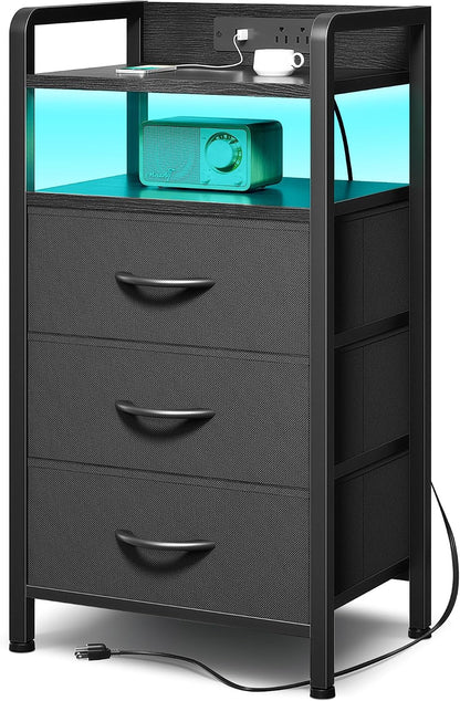 Nightstand with LED & Charging Station – 2 USB-A Ports, AC Outlet, 2 Fabric Drawers, Black