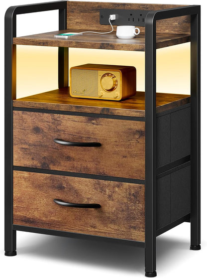 Nightstand with LED & Charging Station – 2 USB-A Ports, AC Outlet, 2 Fabric Drawers, Black