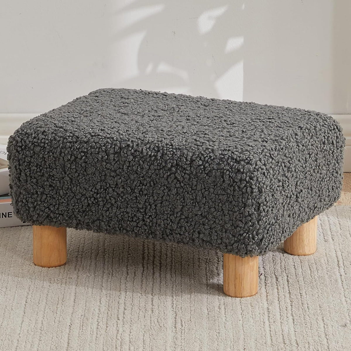 Small Rectangle Sherpa Foot Stool – Ottoman Foot Rest for Couch, Living Room & Bedroom (White)