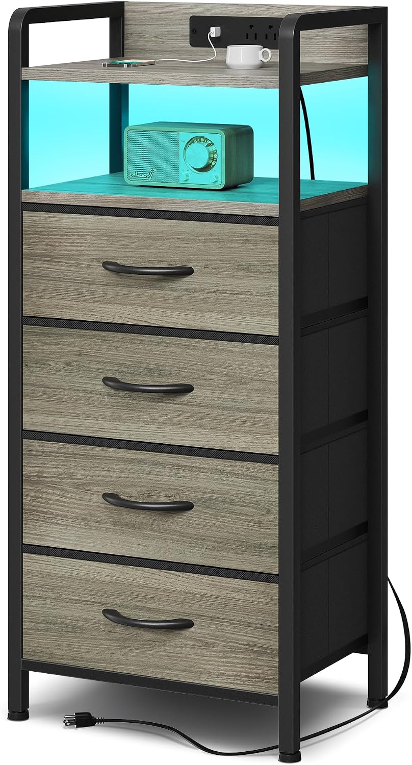 Nightstand with LED & Charging Station – 2 USB-A Ports, AC Outlet, 2 Fabric Drawers, Black