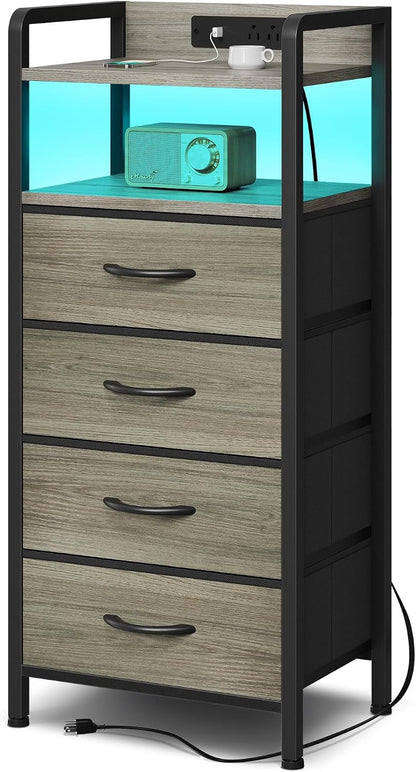 Nightstand with LED & Charging Station – 2 USB-A Ports, AC Outlet, 2 Fabric Drawers, Black