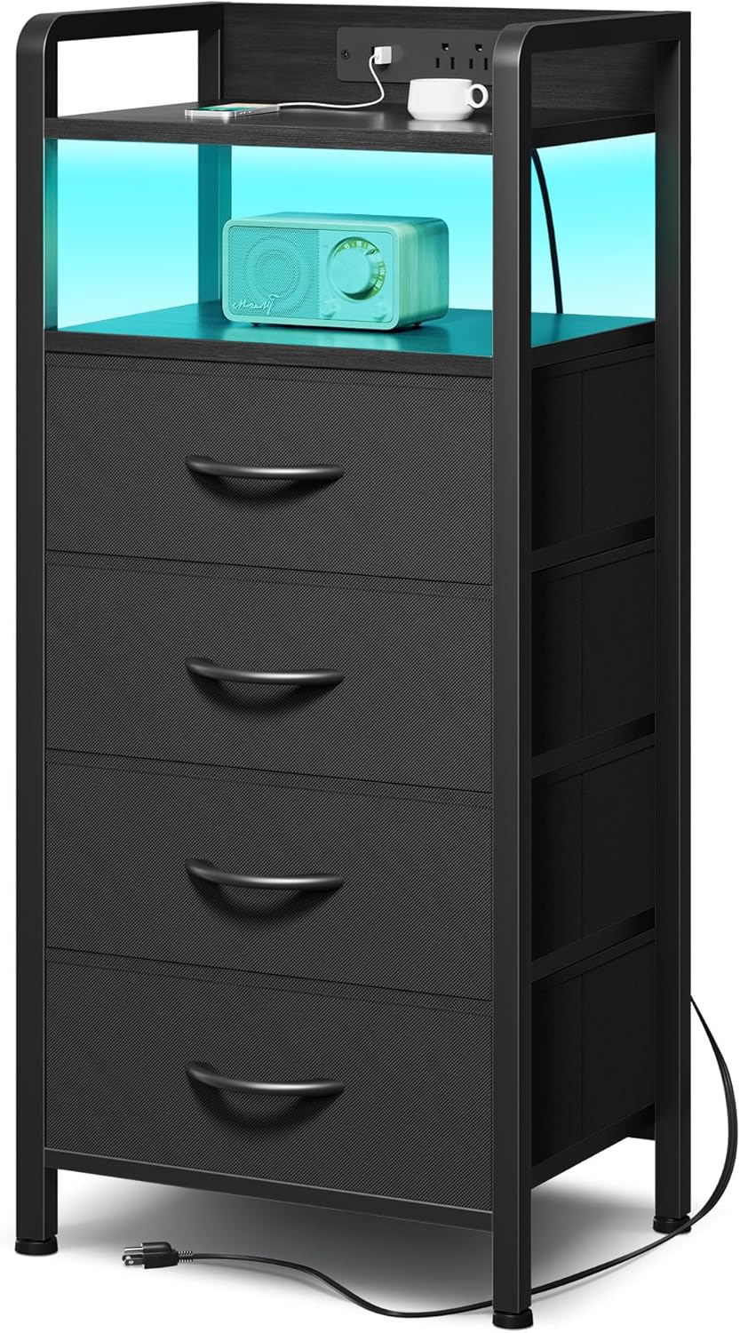 Nightstand with LED & Charging Station – 2 USB-A Ports, AC Outlet, 2 Fabric Drawers, Black